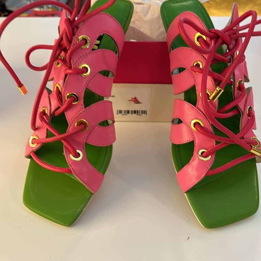 Iconic Kat Maconie pink and green Nappa leather Sandals with 2” heels.
